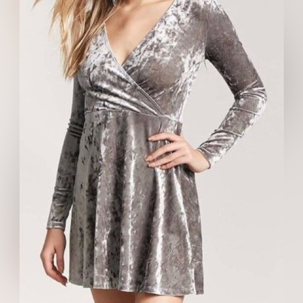 Silver velvet wrap front a-line dress